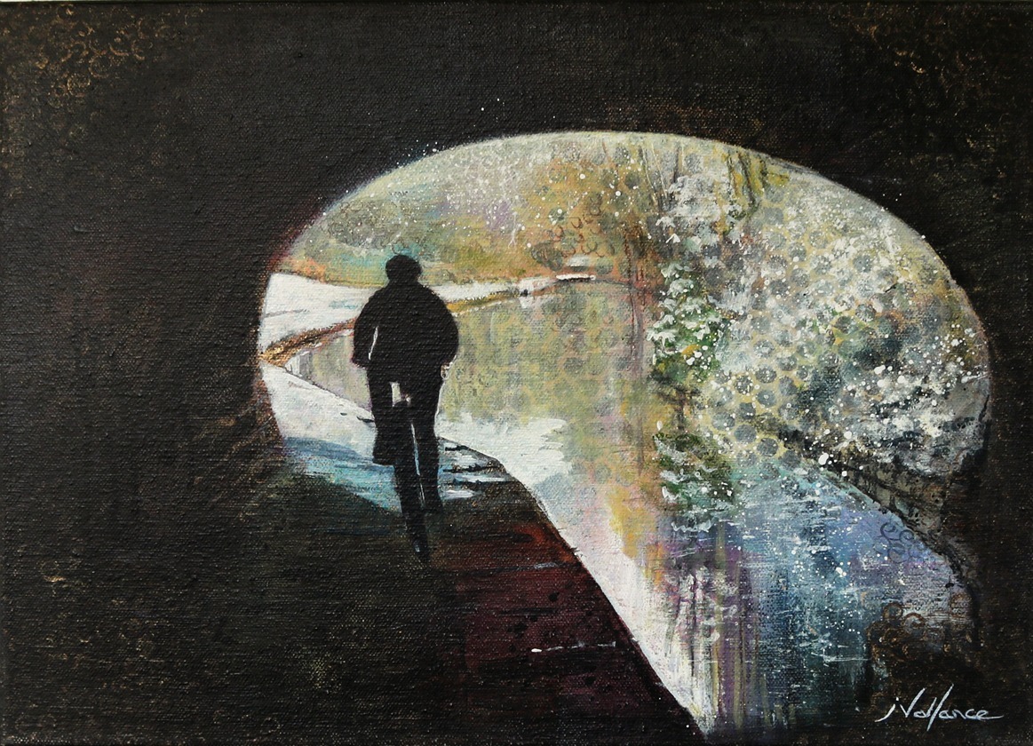 Canvas with painting of bike going through a canal Bridgehole in winter