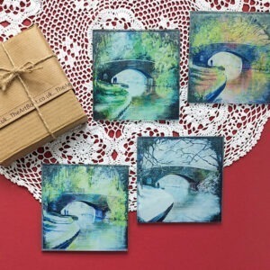 Four Glass Coasters. Same canal bridge. Four different seasons
