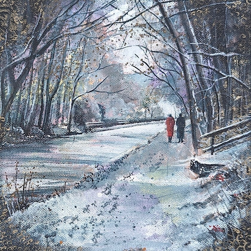 A winter landscape painting shows a snow-covered canal towpath flanked by trees. The trees are bare and the ground is dusted with snow. Two figures walk side by side down the path, one wearing a red coat and the other in dark clothing. The scene has a serene and quiet ambiance, with soft, muted colors creating a sense of peacefulness. The distant background is hazy.