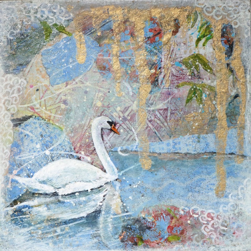 A serene swan glides on shimmering blue water, surrounded by abstract textures and golden drips above.