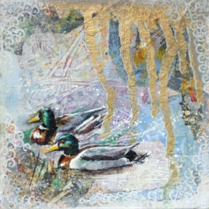 Two mallard ducks float on a textured, colorful water surface, with gold drips and abstract patterns above.