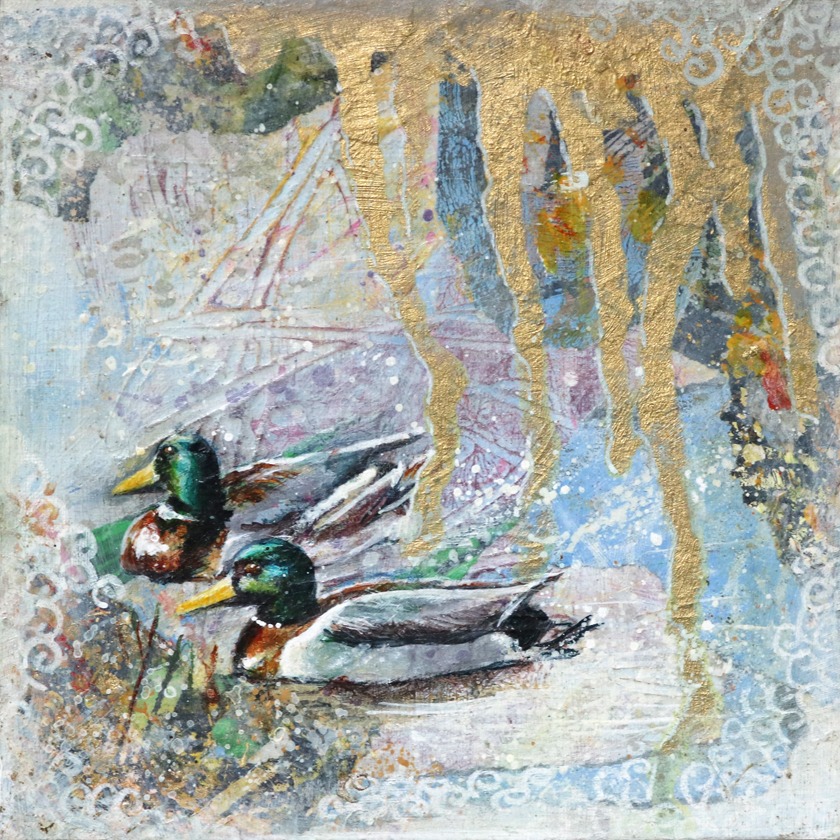 Two mallard ducks float on a textured, colorful water surface, with gold drips and abstract patterns above.