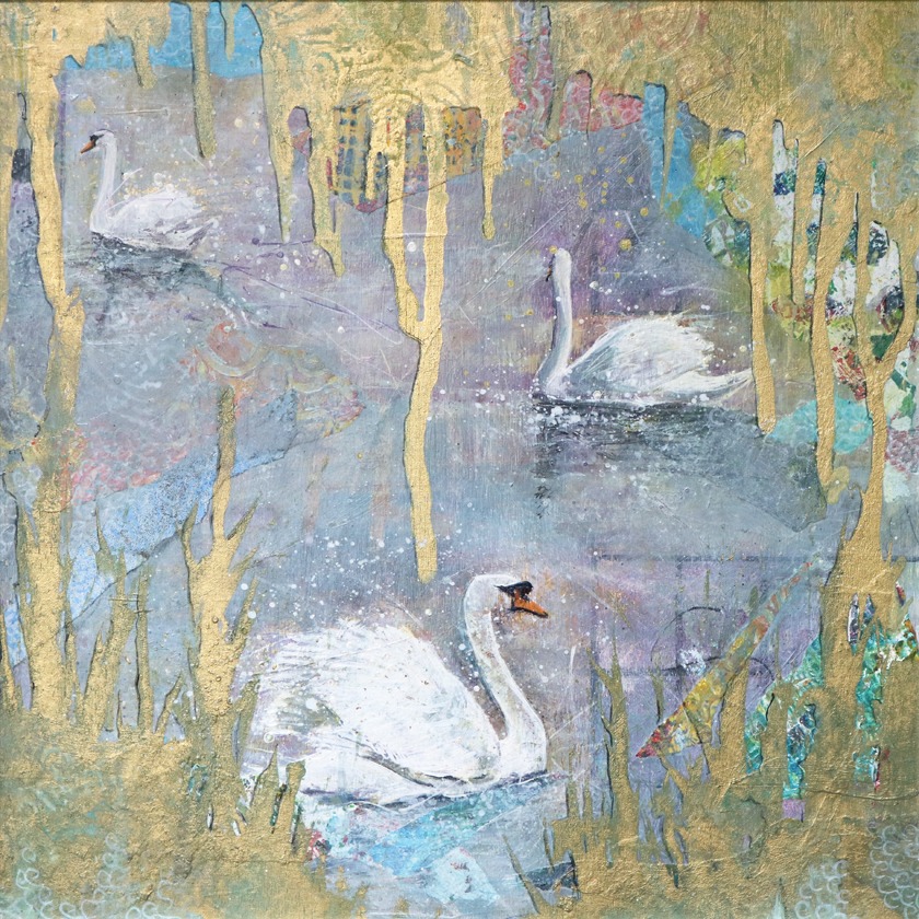 Three swans floating serenely on a textured water background behind gold paint drips