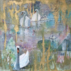 Three adult swans and signets floating towards the viewer with textured water. Framed by gold drips
