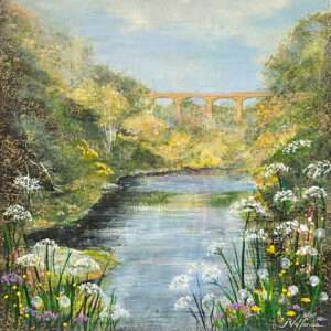 Mixed media painting of a tranquil river with spring flowers and a distant Aqueduct beneath a blue sky.